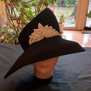 Elegant Black Asymmetrical Wool Hat with Silver Rhinestone Beaded Embellishment
